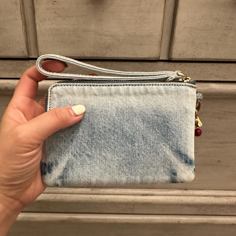 NWT Coach Corner Zip Wristlet with 2 Charms in Loved Denim Gold/Light Indigo